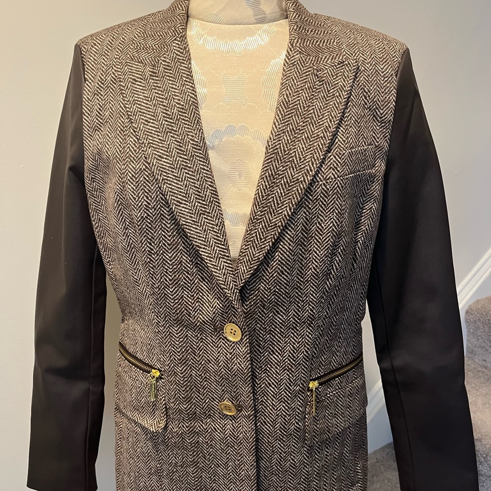 Women's Herringbone Blazer with Brown Faux Leather Sleeves